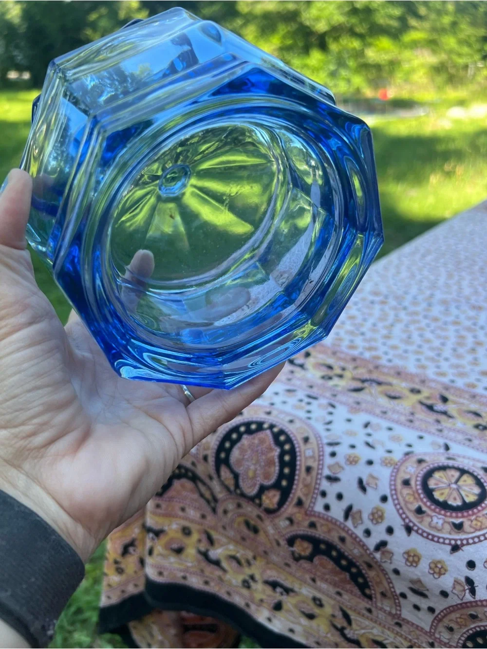 Vintage Indiana Glass Concord Blue Octagon Lidded Candy Dish | Retro Art Glass